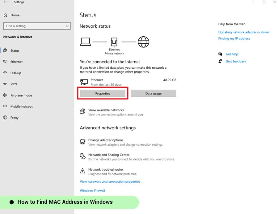 مک آدرس ویندوز از طریق تنظیمات